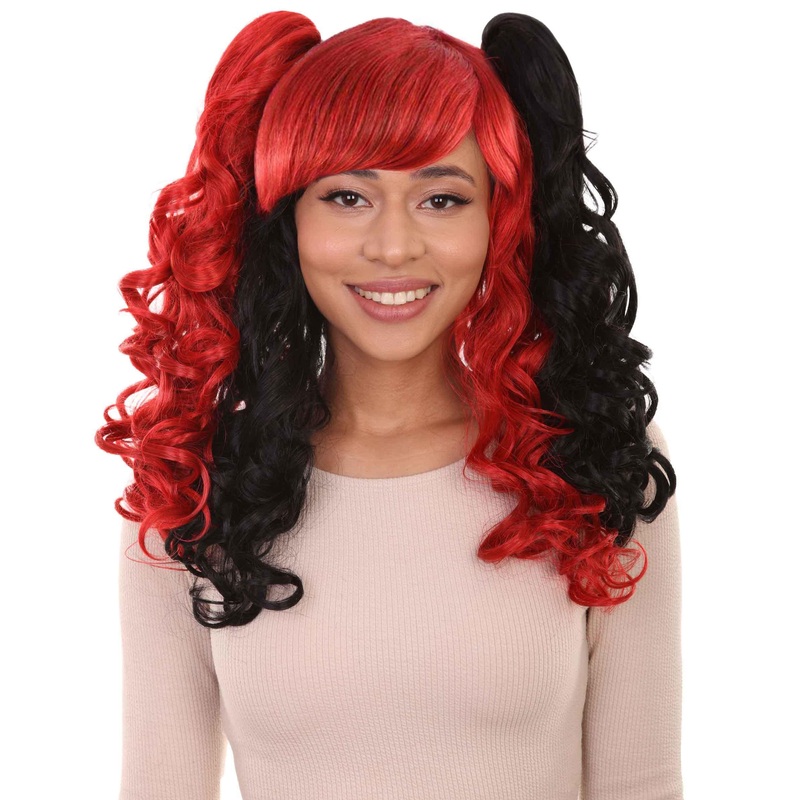 Black and Red Jester Womens Wig | Long Curly Fancy Halloween Wig | Premium Breathable Capless Cap