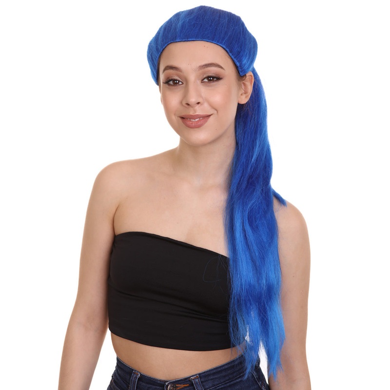 Celebrity Singer Wig , Blue Pop Star One Side Ponytail Celebrity Wig , Premium Breathable Capless Cap