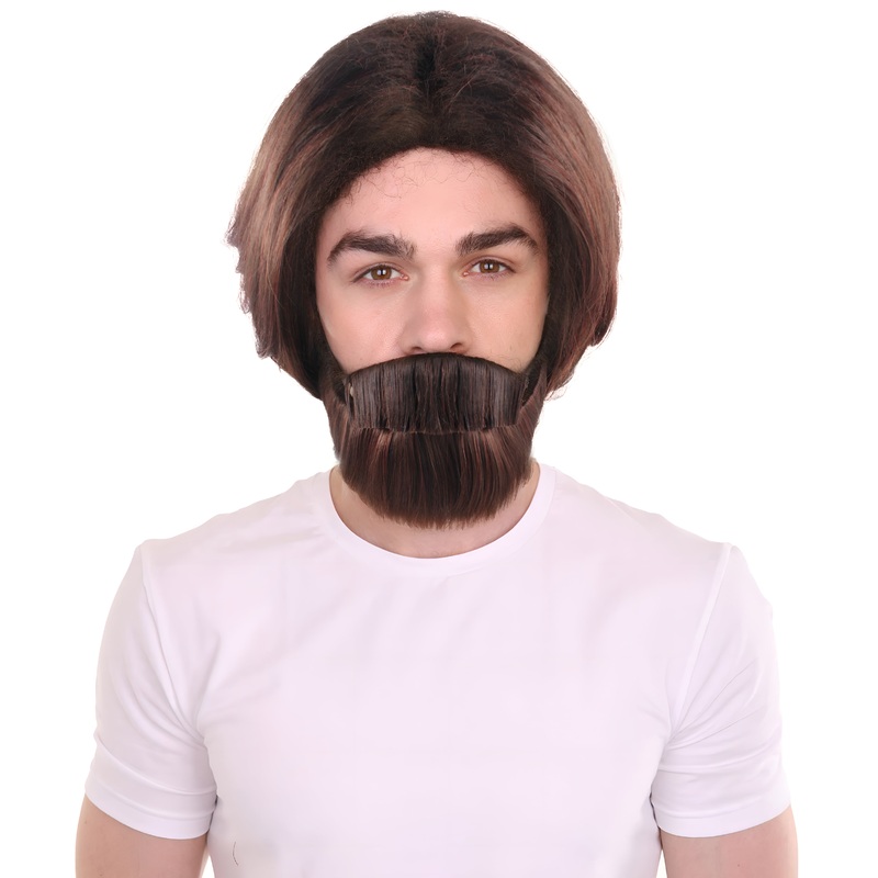 Brown Curly Wavy Men's Wig & Beard Set | Halloween Wig | Premium Breathable Capless Cap