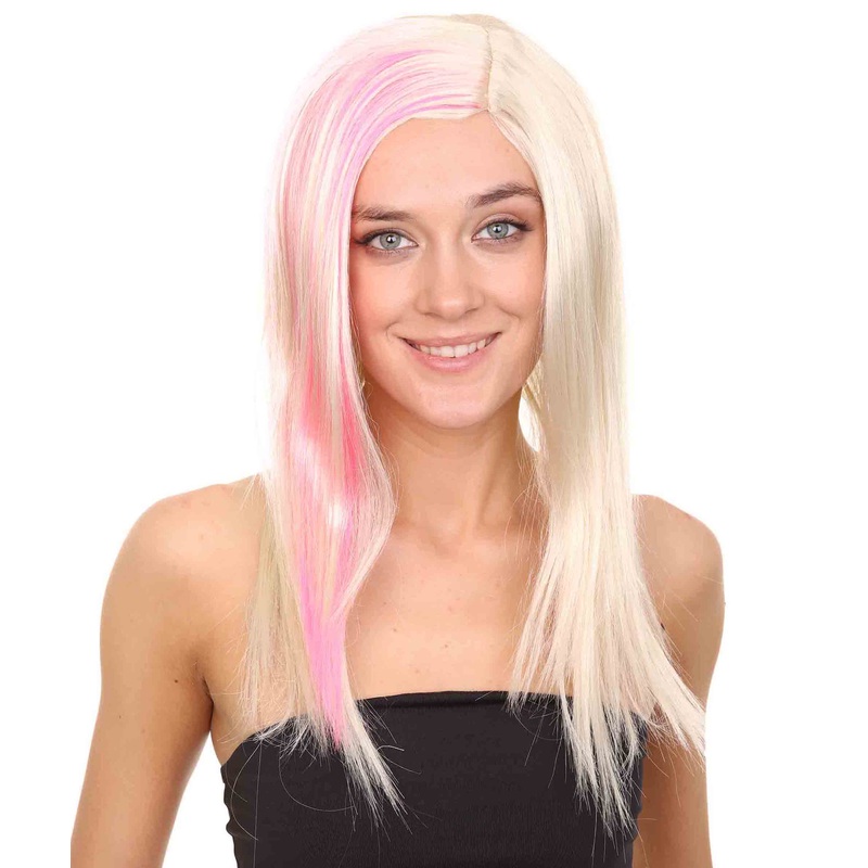 Blonde Pink Rock Star Princess Womens Wig | Long Royal Fancy Halloween Wig | Premium Breathable Capless Cap