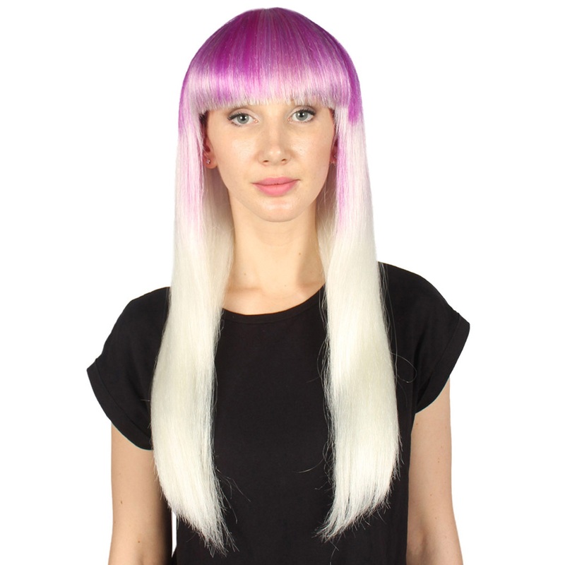 Womens Purple and White 2 Tone Long Bob Wig | Party Ready Halloween Wig | Premium Breathable Capless Cap