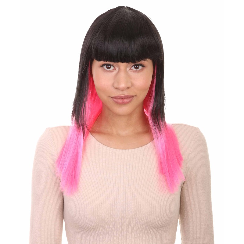 Black Pink Bob Womens Wig | Medium Fashion Fancy Halloween Wig | Premium Breathable Capless Cap