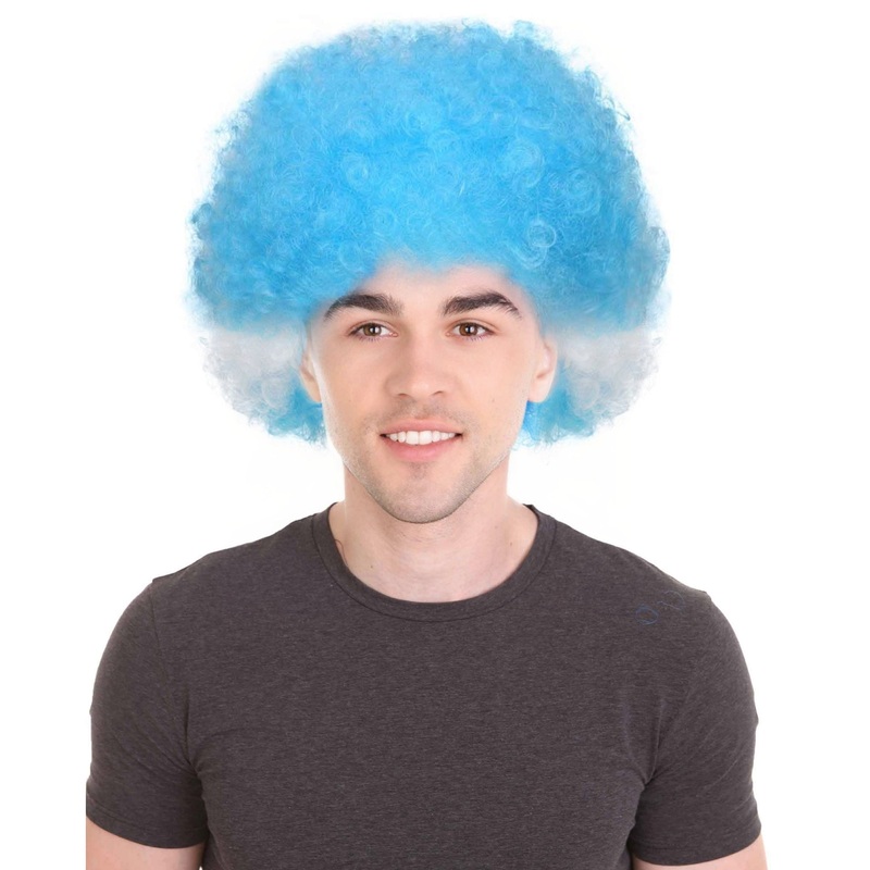 Argentina Sport Afro Fun Wig | White Sky Blue Fancy Halloween Wig