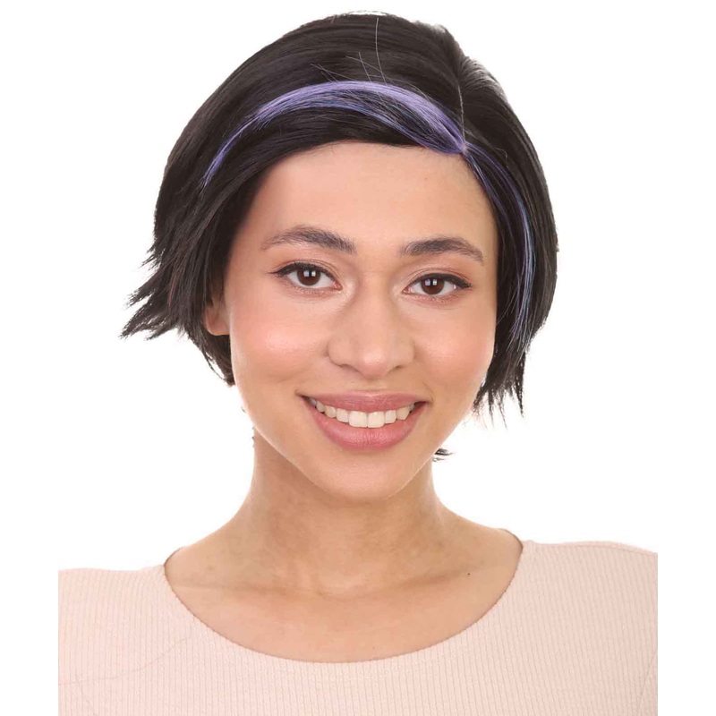 Animation Hero Womens Wig , Short Black Purple TV/Movie Wig , Premium Breathable Capless Cap