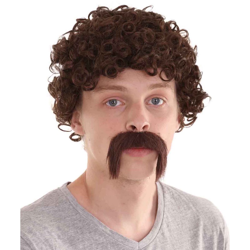 70's Mens Afro Wig & Mustache Set | Brown Retro Wig | Premium Breathable Capless Cap