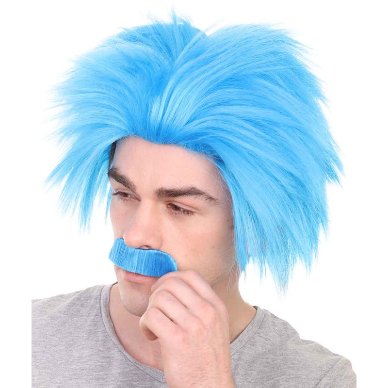 Blue Mad Scientist Wig & Mustache | Mens Fancy Halloween Wig | Premium Breathable Capless Cap