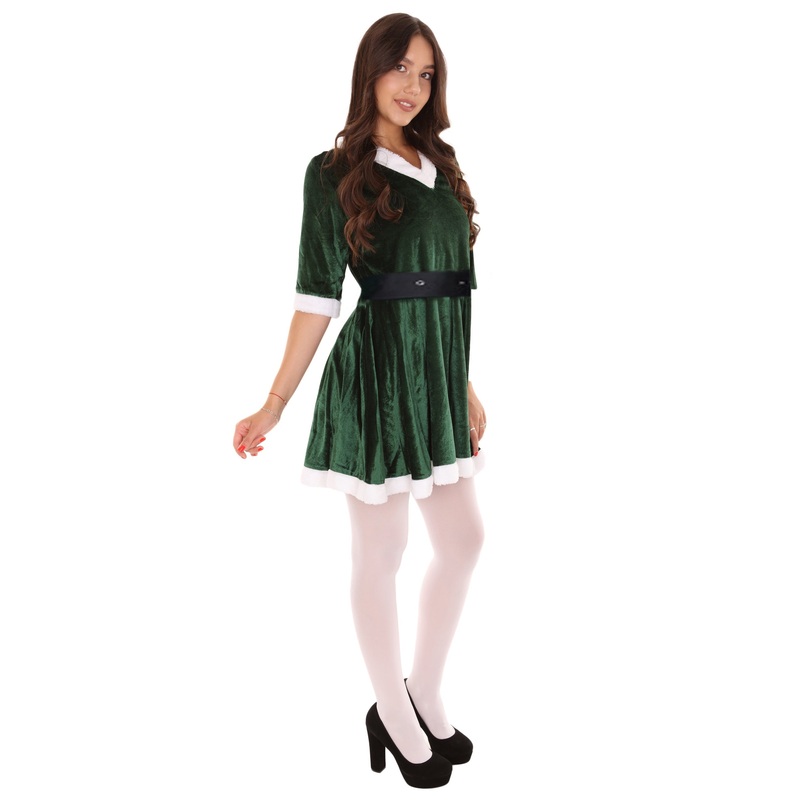 Women's Mrs. Santa Claus Hooded Dress with Belt Costume | Green Halloween