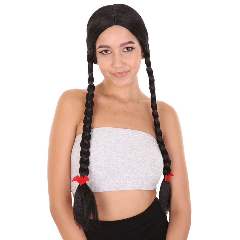 Black Braid Wig | Traditional CowGirl Long Wig With Red Ribbon | Premium Breathable Capless Cap