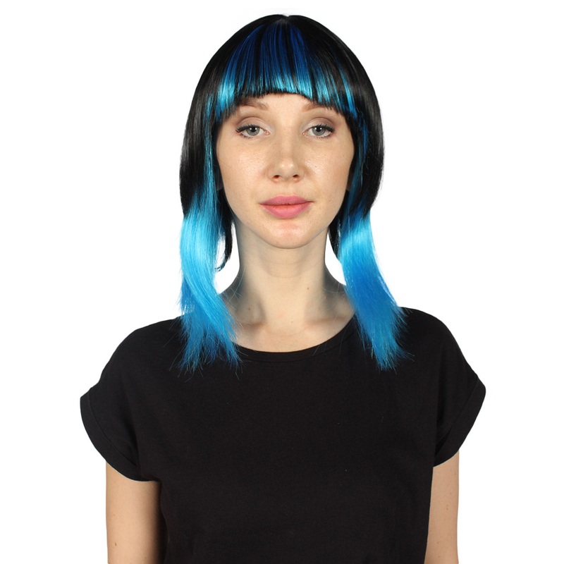 Disco Diva Two-Tune Womens Wig | Black Sky Blue Party Event Ready Halloween Wig | Premium Breathable Capless Cap