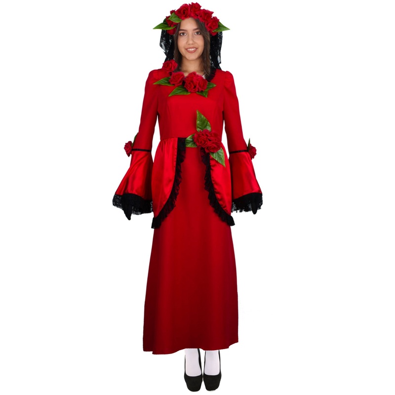 Women's Halloween Fancy Animated Horror Senor Bride Costume, Red & Black Color with Green Leaves
