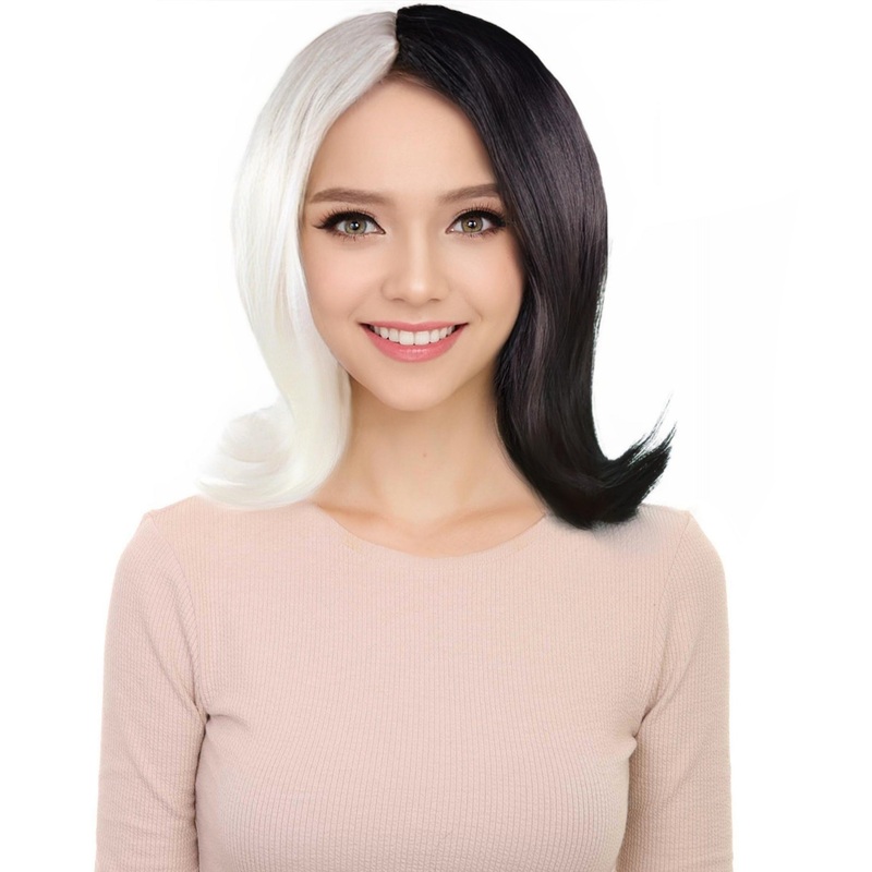 Womens White Black Wig , Medium Two-toned Black & White Wig , Premium Breathable Capless Cap