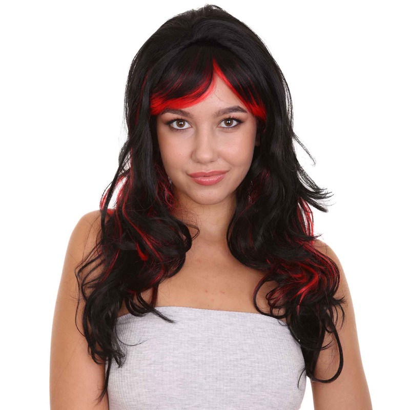 Black & Red Seduction Womens Wig | Long Curly Fashion Fancy Halloween Wig | Premium Breathable Capless Cap
