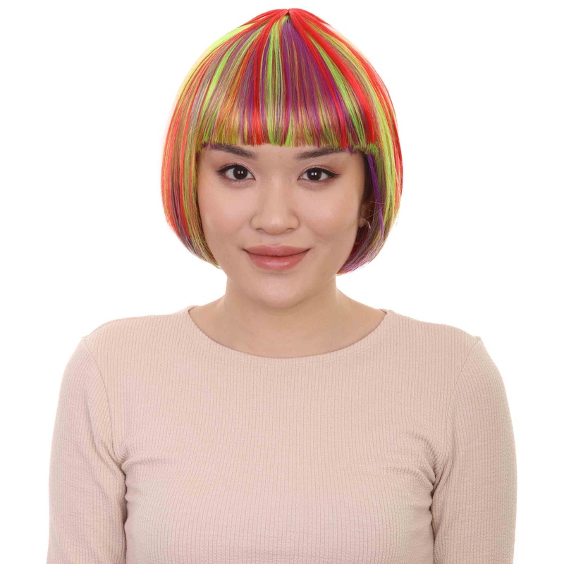 Womens Rainbow Bob Wig | Colorful Party Ready Halloween Wigs | Premium Breathable Capless Cap