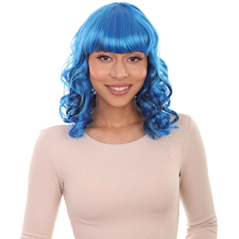 Blue Wavy Womens Wig | Medium Curly Halloween Wig | Premium Breathable Capless Cap