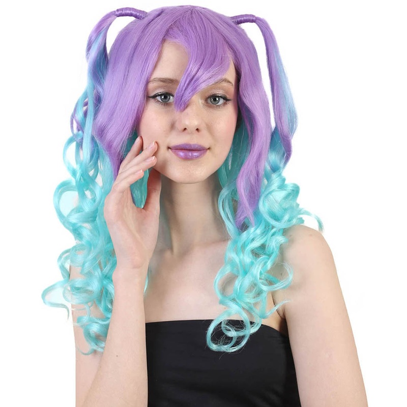 Blue Monster Womens Wig | Purple Green Medium Curly Halloween Wig | Premium Breathable Capless Cap