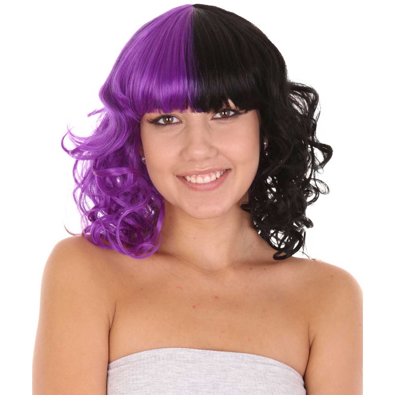 Womens Medium Length Curly Wig Purple & Black | Fancy Event Ready Halloween Wig | Premium Breathable Capless Cap