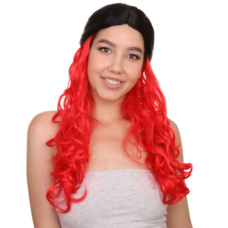 Black and Red Long Wavy Womens Wig | Fancy Halloween Wig | Premium Breathable Capless Cap