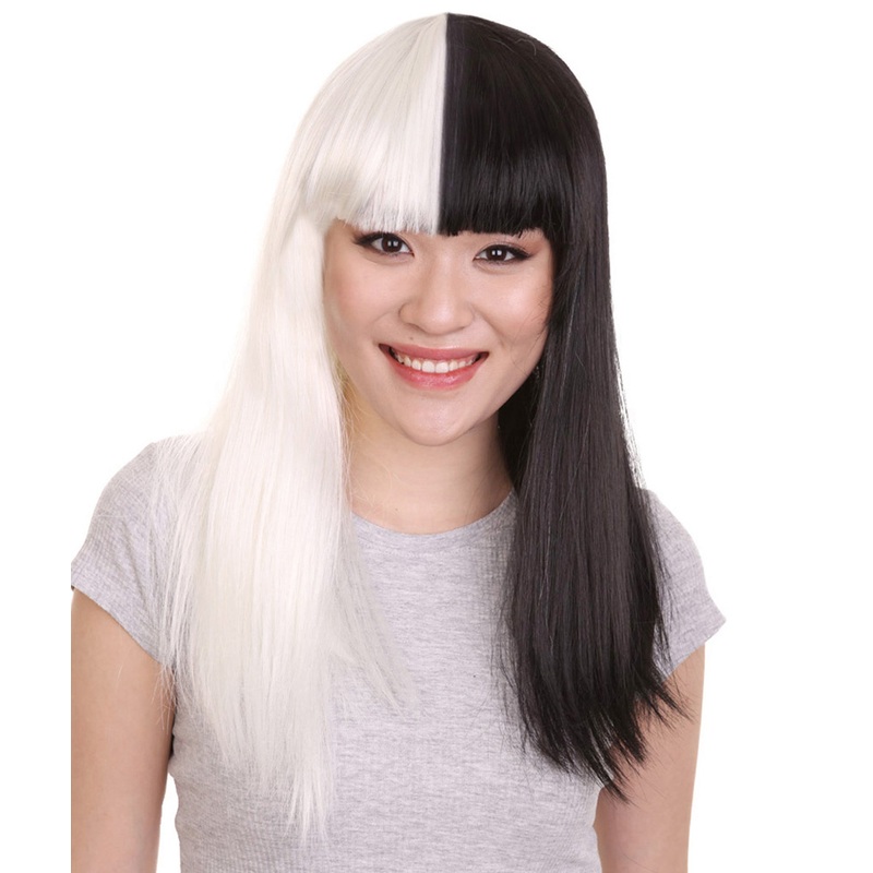 Black and White Long Womens Wig | Half And Half Fancy Halloween Wig | Premium Breathable Capless Cap