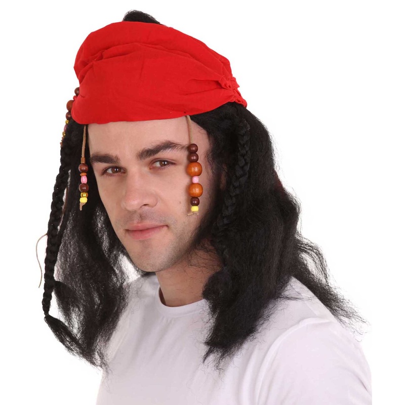 Caribbean Pirate Mens Wig | Black Wig With Red Cap | Premium Breathable Capless Cap