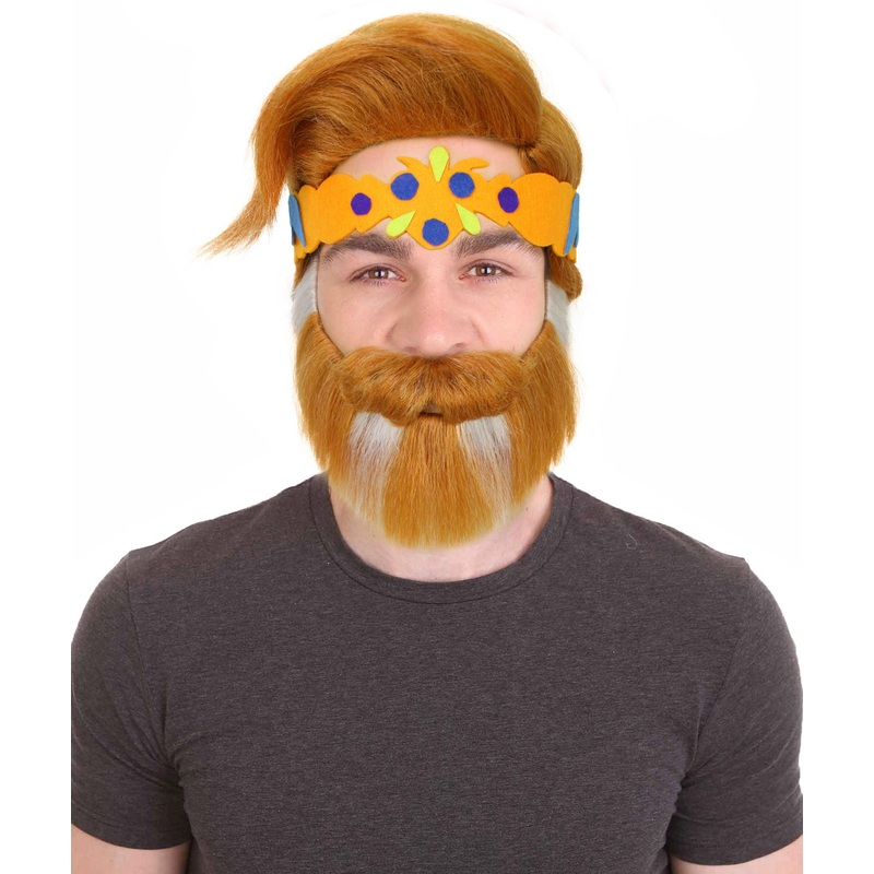 Adult Men's Anime King Wig with Eyebrows Mustache and Crown | Perfect for Halloween | Synthetic Fiber | Wig