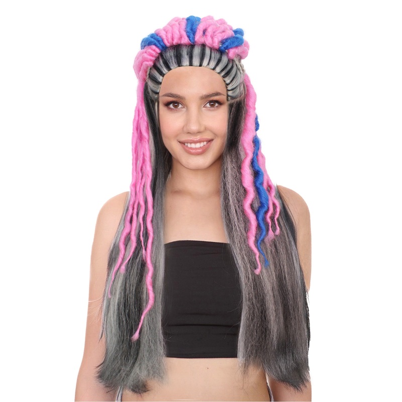 Adult Women's Pink and Teal Doll Wig, Perfect for Halloween, Wool Dreads, Wig