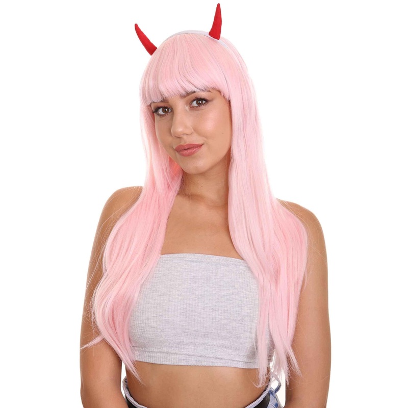 COSMOS Womens Anime Pink Devil Horns Base Wig | Perfect for Halloween and | Flame-retardant Synthetic Fiber