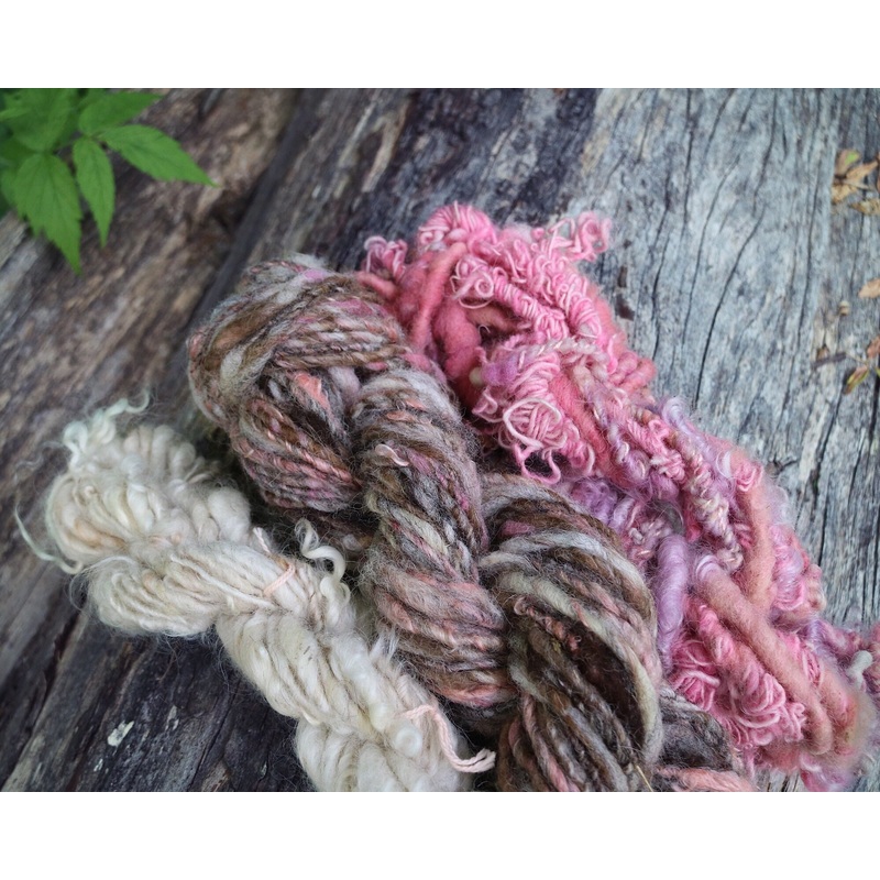 3 mini hand spun skeins kit - brown and pink - 100 grams