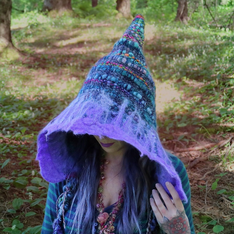 Blue hood hat with felt, fairy hat, hand woven - One size