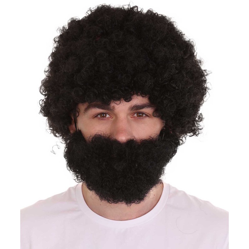 Afro Wig & Full Beard | Jumbo Black | Halloween Wig | Flame-Retardant Synthetic Fiber