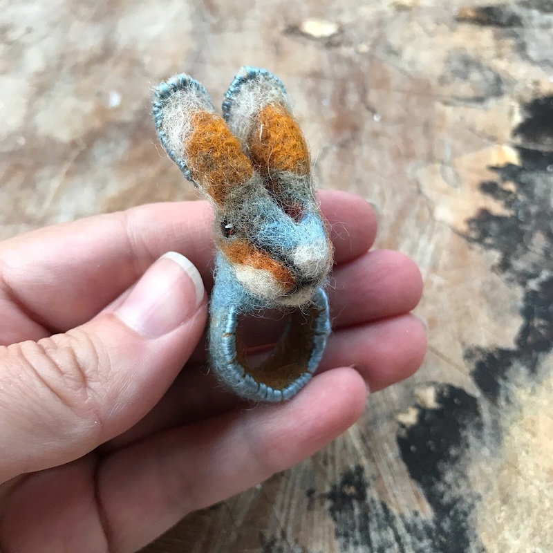Blue felted bunny ring size 6.5-7.5