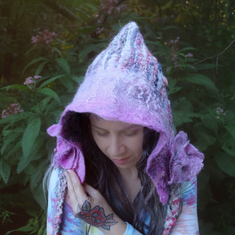 Pink fairy hat | Hooded hat with felted flowers