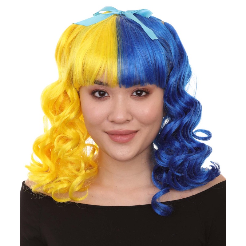 Bright Night Wig | Blue Yellow Curly Halloween Wig | Premium Breathable Capless Cap