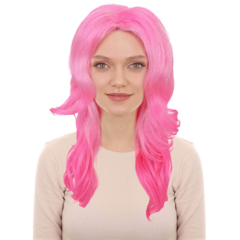 Adult Womens Vibrant Pink Curly Long Wig | Silk Center-Part Hair Piece for Glam Looks | Flame-Retardant Synthetic Fiber | Ideal for Halloween and themed party