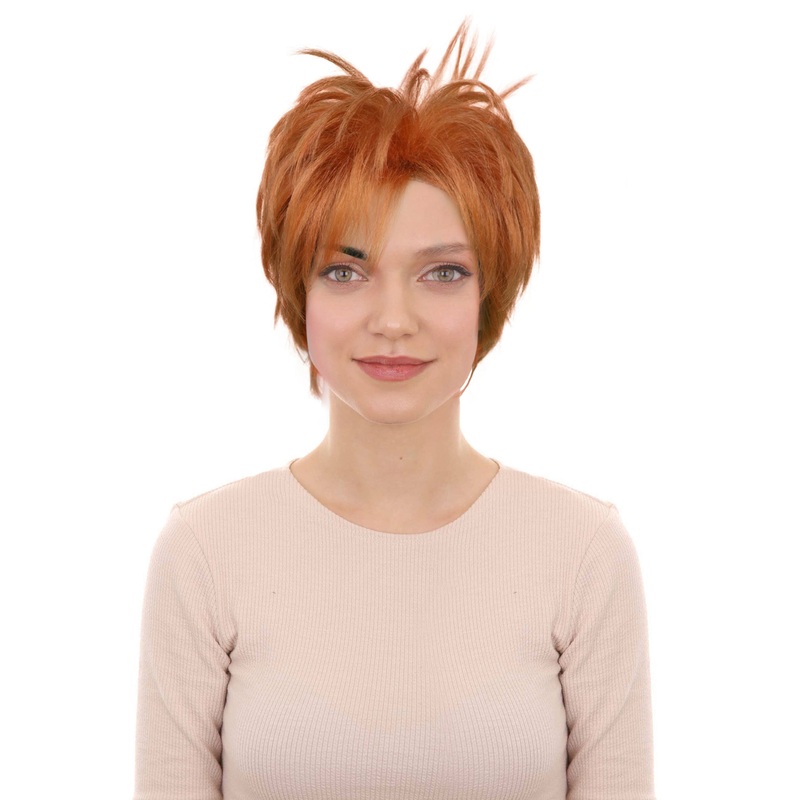 Womens Orange Short Spiky Punk Wig | Anime Style Rockstar Hairpiece | Ideal for Halloween | Breathable Capless Cap