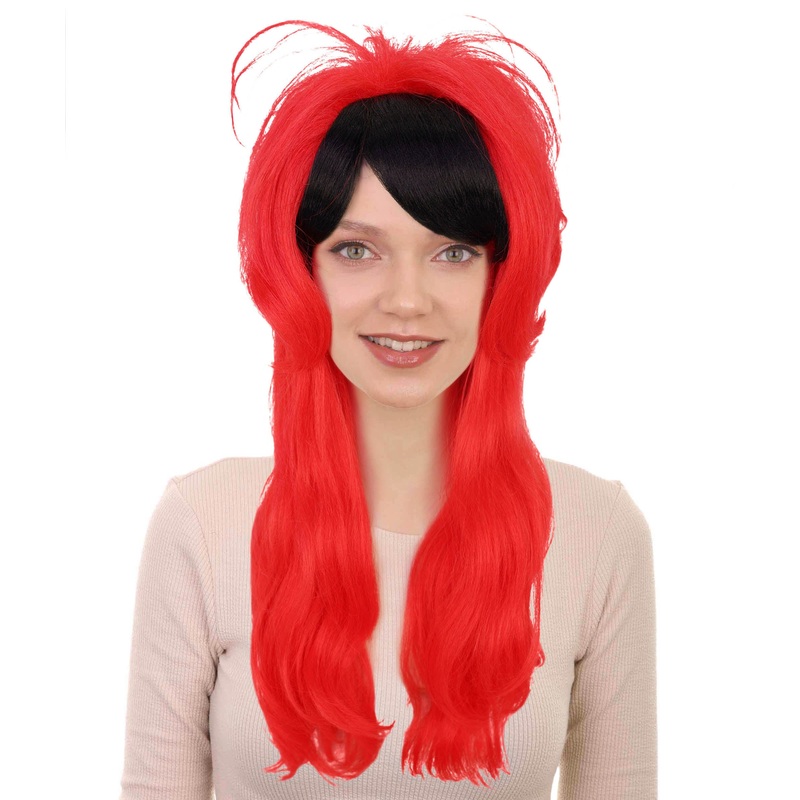 Womens Punk Red & Black Wavy Long Wig | Edgy Rocker Style for Halloween Themed Parties| Breathable Cap