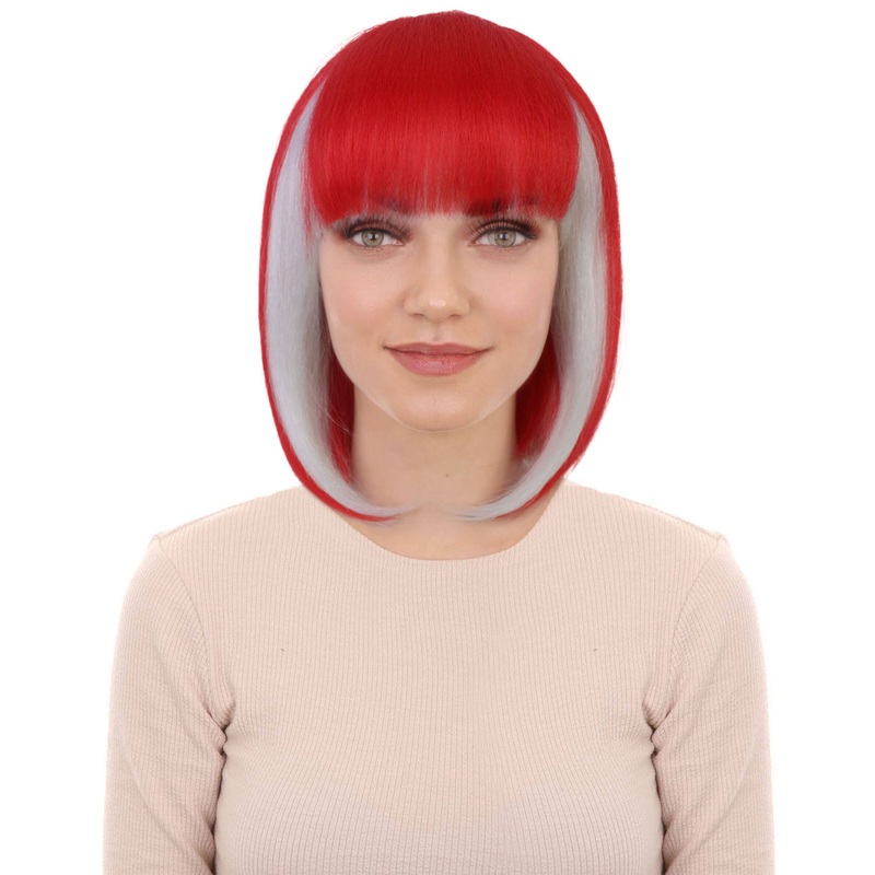 Womens Sports Inspired Red & White Bob Wig | Football Rugby & Sports Accessory with Bangs | Ideal for Halloween | Breathable Capless Cap