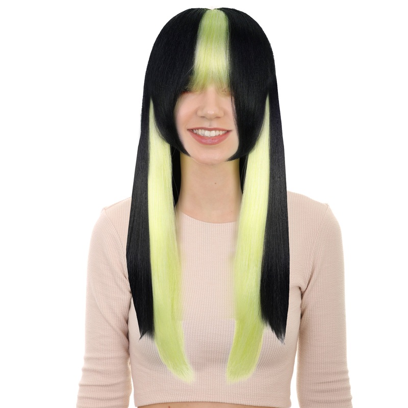 Womens Straight Long Black & Green Anime Wig |  Hair with Twin Tails  | Ideal for Halloween | Breathable Capless Cap