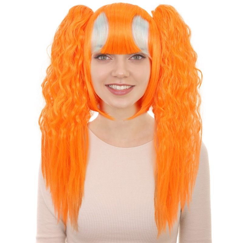 Womens Vibrant Orange Long Wavy Twin Ponytail Wig  | Ideal for Halloween | Breathable Capless Cap