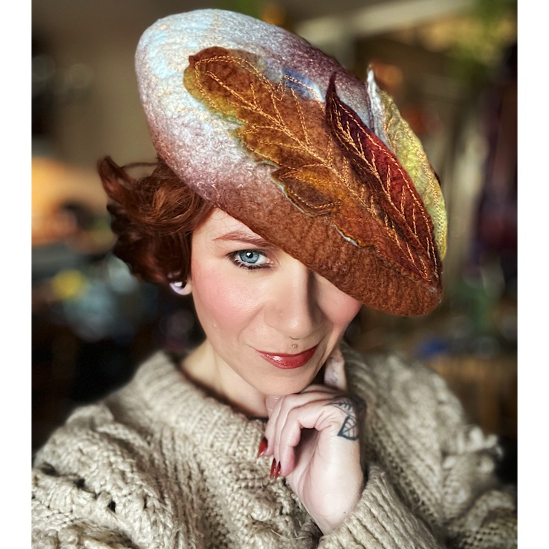 Felted beret with leaves size 22 1/2 small