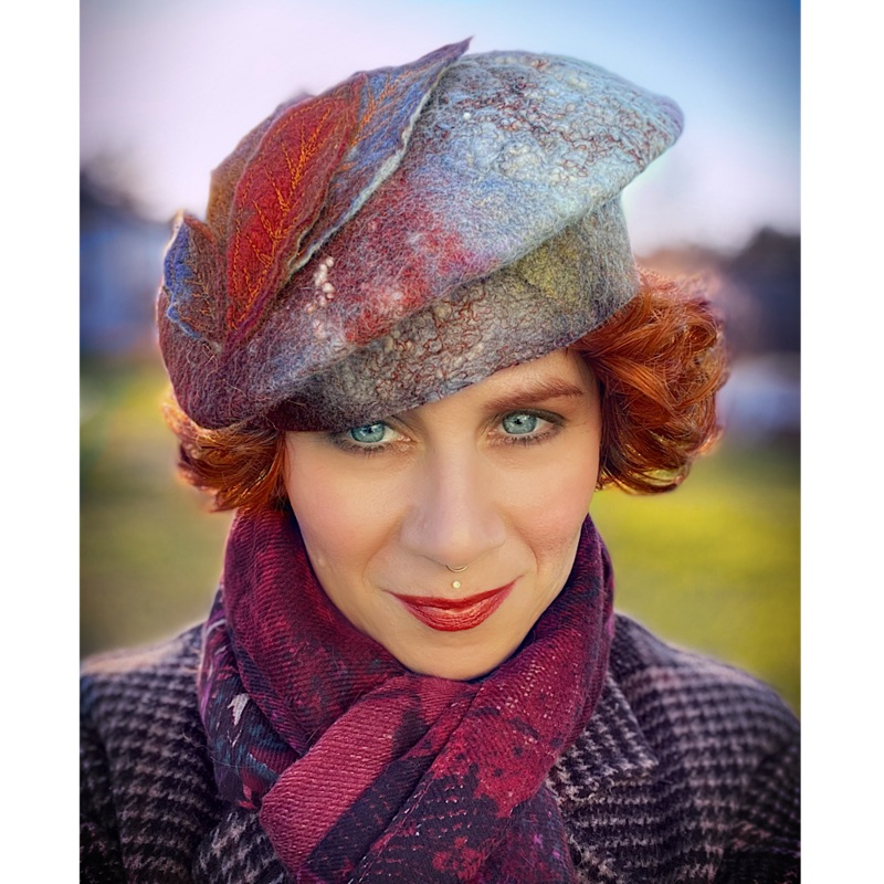 Felted beret with leaves size 22 3/4 small