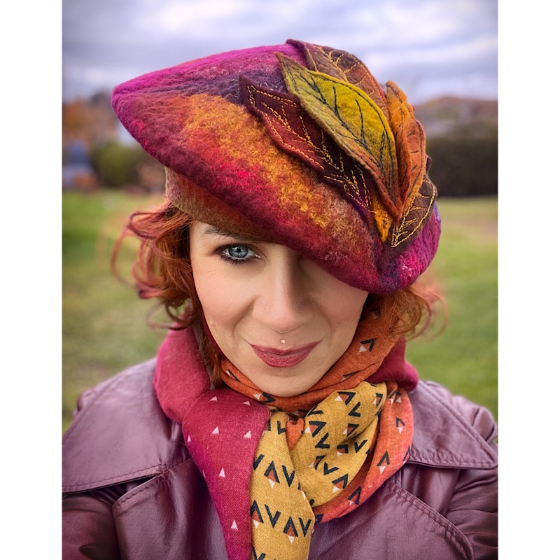 Felted beret with leaves size 22 small