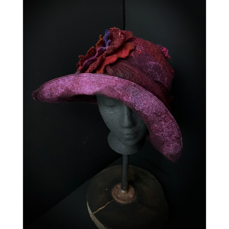 Felted flappers hat with rose size 24 1/4