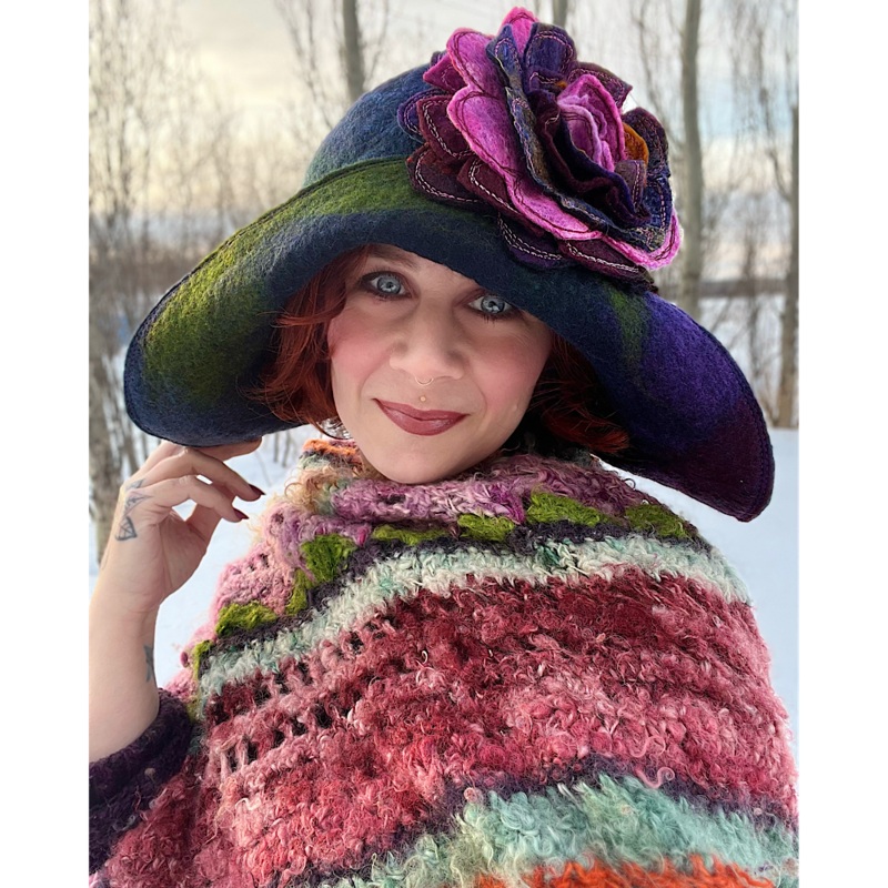Felted flappers hat with rose size 24 large