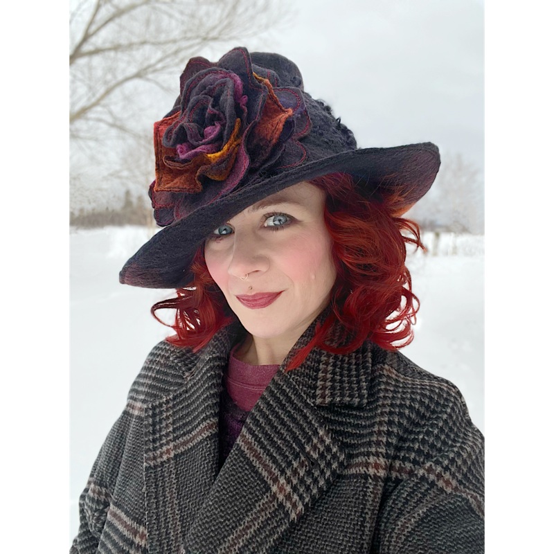 Felted top hat with rose size 24 large