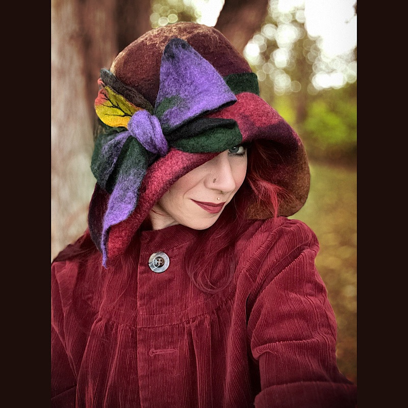 Felted cloche hat with leaves and bow 24 medium large