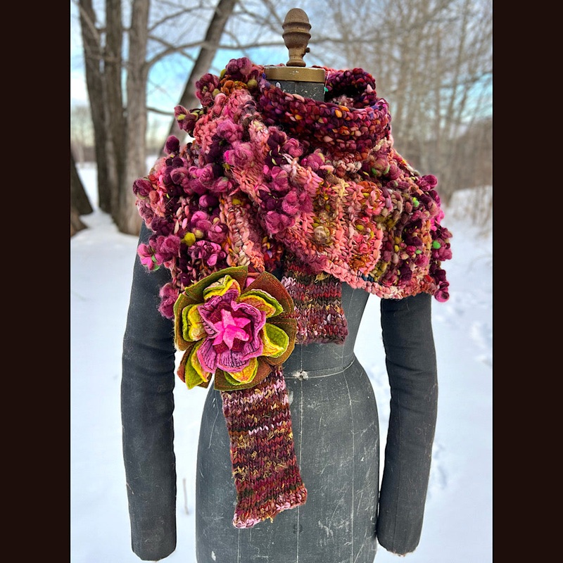 Knitted scarf made of hand spun yarn Flower included 84 X 14