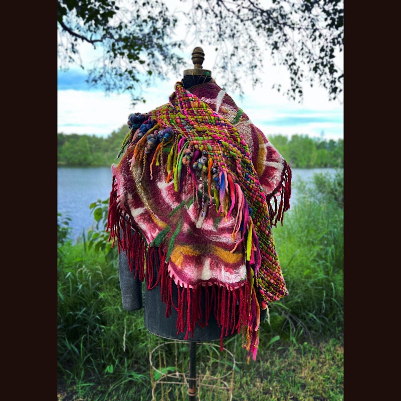 Woven shawl with felted rose 70 X 25