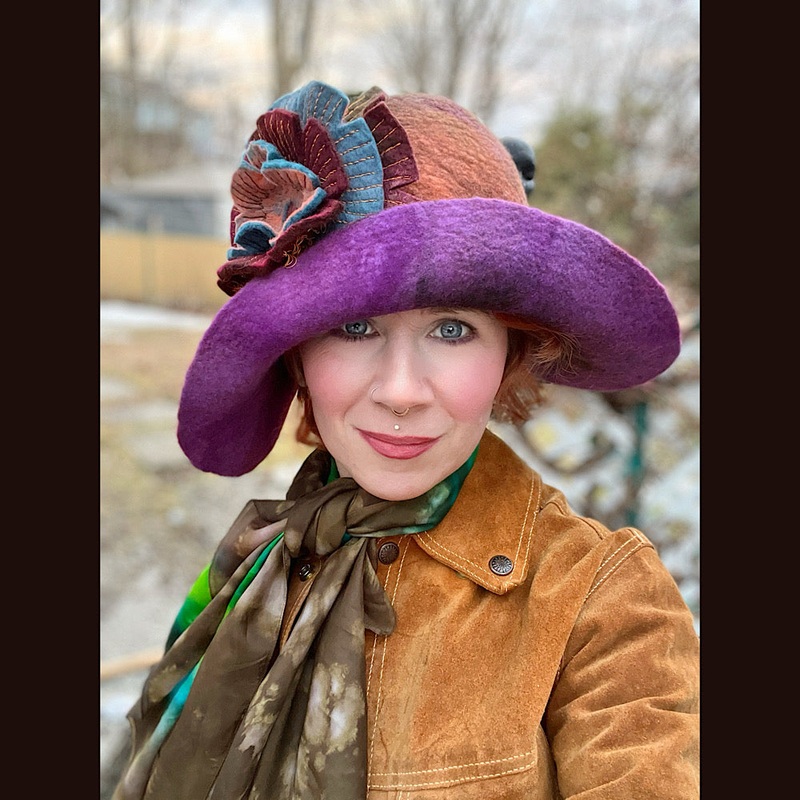 Felted cloche hat with flower 23 1/2 medium