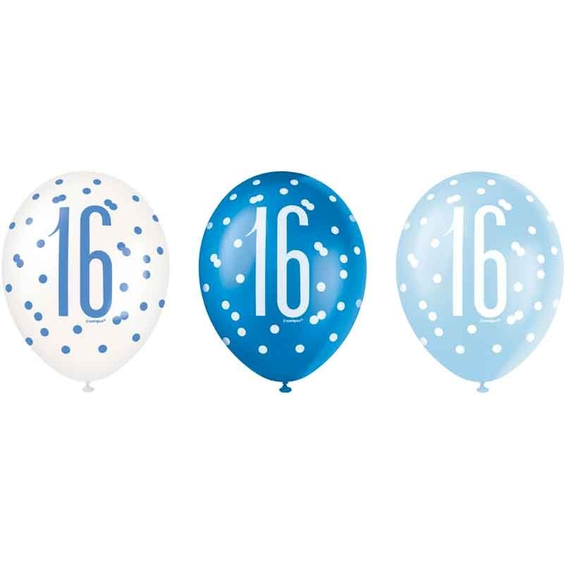 Pack of 6 Aged 16 Blue Glitz Latex Balloons