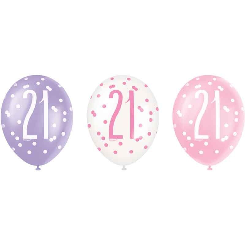 Pack of 6 Aged 21 Pink Glitz Latex Balloons